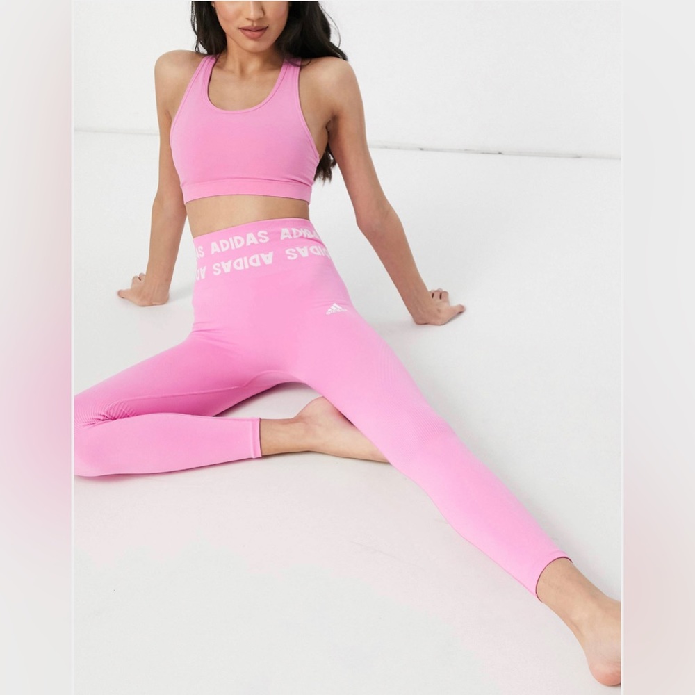 adidas Training aeroknit logo 7/8 leggings and bra in bright pink - Picture 4 of 9